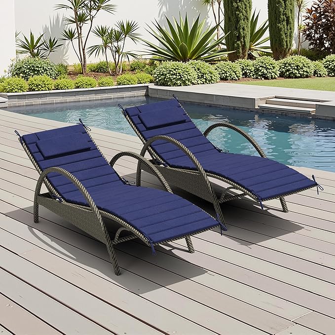 Crestlive Products Chaise Lounge Cushion Outdoor Set of 2, Foldable Waterproof Pool Lounge Chair Cushions with Straps, Lounger Cushions for Outdoor Furniture， 80''Lx26''W (Navy)