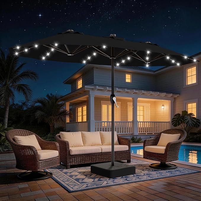 AreShark 15FT Patio Umbrella with Solar Lights, Double Sided Outdoor Table Umbrellas with Crank, Large Rectangular Market Umbrella for Porch, Lawn, Pool, Backyard, Black