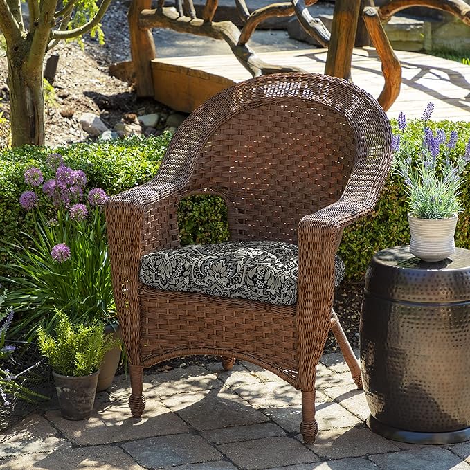 Arden Indoor/Outdoor Rocking Chair Or Wicker Chair Cushion, 20 x 18, Water Repellent, Rain Proof, Fade Resistant Cushion for Rocking Or Rounded Back Chair Black Aurora Damask