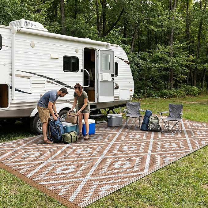 COOLTOP 9'x18’ Outdoor Rug for Patios Porches, Waterproof Plastic Camping Rugs, Modern Reversible Mat, Large Area Rugs for Backyard, Deck, RV, Balcony, Picnic, Beach, Khaki & White