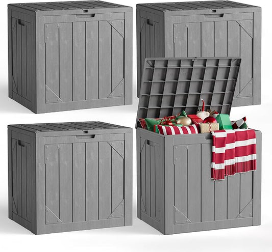 31 Gallon Outdoor Deck Box 4 Pack, Waterproof Resin Patio Storage Boxes with Lockable Lid, Small Outdoor Storage for Cushions, Accessories, Garden Tools, Indoor Outdoor Organizer, Gray