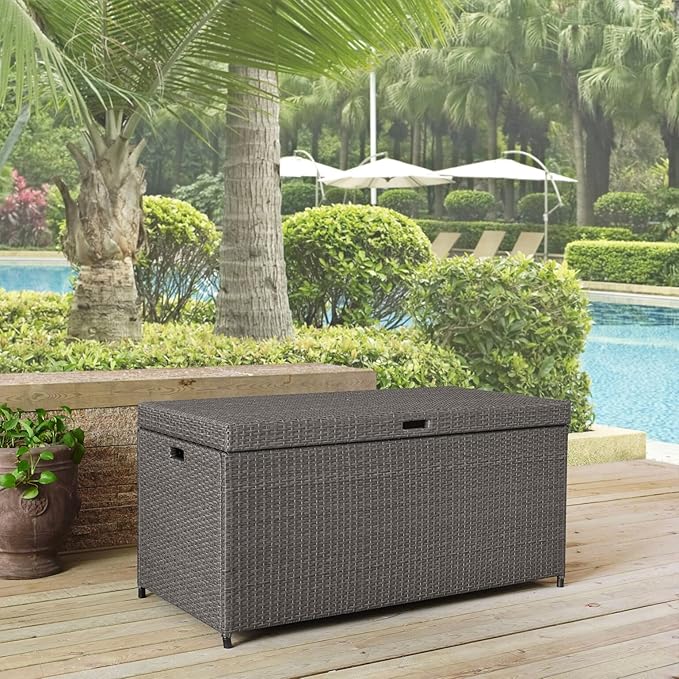 Crosley Furniture Palm Harbor Wicker Outdoor Storage Box for Patio Furniture Cushions and Pool Floats, Gray