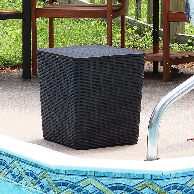 Sunnydaze 11.5-Gallon Outdoor Deck Box - Weather-Resistant Side Table with Storage for Cushions, Garden Tools, Pool Supplies - Phantom Gray - Faux Rattan
