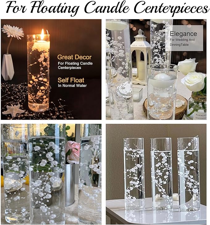 TeaSu 24Pcs Pearl String for Floating Candle Centerpieces, Pearl Vase Filler Decor for Wedding Centerpieces (White)