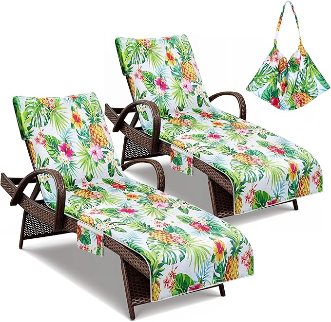 Lounge Chair Towel Covers, 2 Pack Outdoor Chaise Lounge Slipcover, 83" X 29" Pineapple Floral Microfiber Beach Chair Cover, Soft Absorbent Chaise Cover with Pockets for Pool Garden Patio