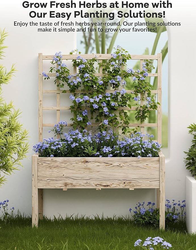 65" Elevated Wooden Raised Garden Bed Planter Box with Trellis, Stand & Waterproof Liner - Large Outdoor Grow Box for Vegetables, Herbs, Flowers on Patio, Balcony, Backyard