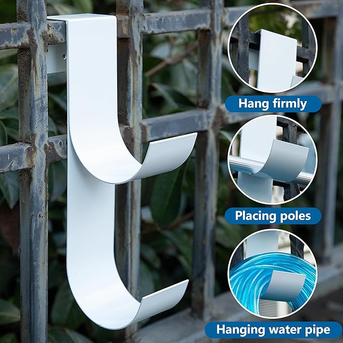 codree 2 PCS Pool Fence Hooks for Pool Equipment, White Heavy Duty Fence Hooks for Pool Poles, Slipe-on Fence Hanger for Pool Hose Pool Skimmer, Fit 3/4 Inch to 1-1/4 inch Railing