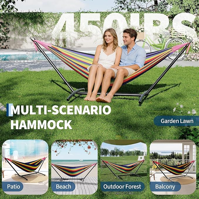 Garvee 2 Person Hammocks with Stand for Outside, Double Hammocks Portable Space Saving Heavy-Duty Steel Stand for Indoor Outdoor Patio with Carrying Bag, 450 lbs Capacity