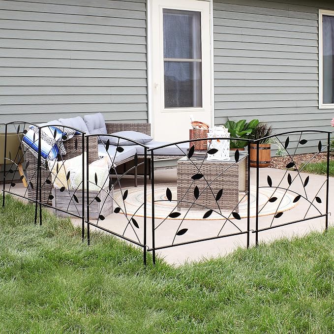 Sunnydaze Modern Leaves and Vines 10-Foot 5-Piece Steel Decorative Garden Fence Panels - 26" W x 32" H Per Panel - Black