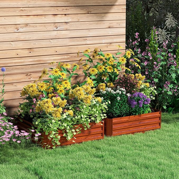 Outsunny 2 Piece Galvanized Raised Garden Bed, 3.3' x 3.3' x 1' Metal Planter Box for Growing Vegetables, Flowers, Herbs, Succulents, Dark Brown