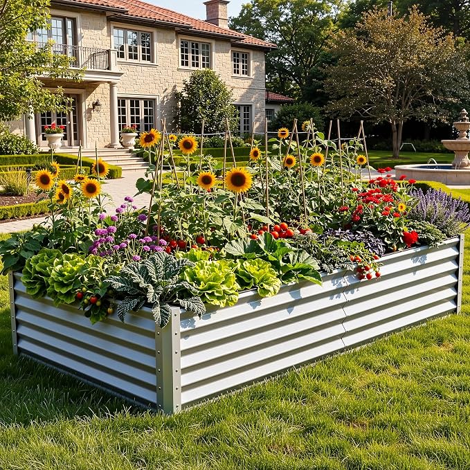 YITAHOME 8x4x1.5ft 2pcs Large Raised Garden Bed Kit, Galvanized Metal Planter Box with Gloves, Outdoor Above Ground Planters for Plants Vegetables Flowers, Silver Gray