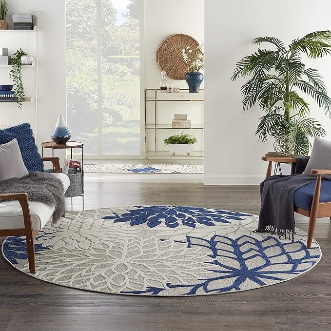 Nourison Home Aloha Ivory Navy 7'10" x Round Area Rug - Easy Clean, Non Shedding, Bed Room, Living Room, Dining Room, Kitchen (8' x Round)