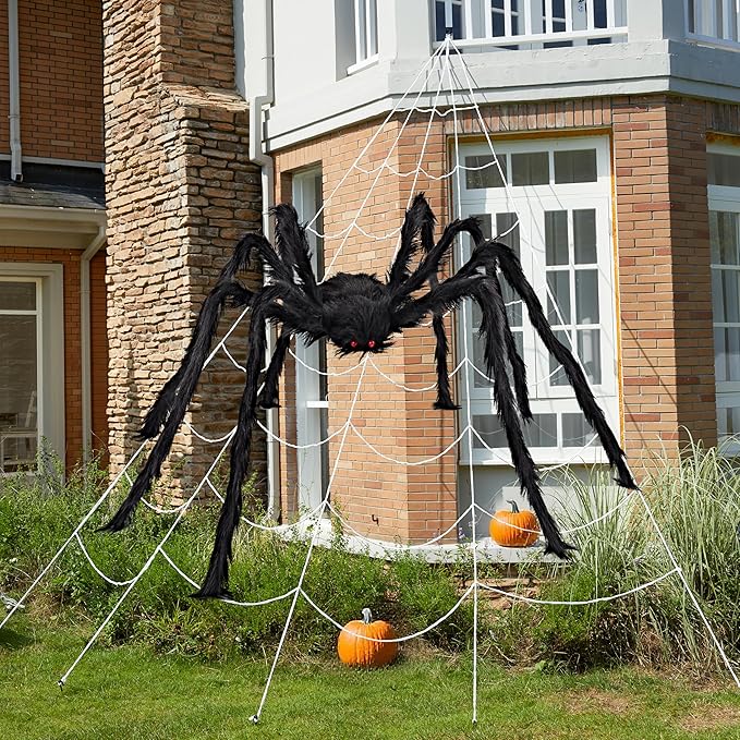 JOYIN Halloween Spider Web and 59'' Giant Spider, 16.4 x 15.7 Ft Large Triangular Web for Outdoor Decoration, Giant Spiderweb for Patio, Garden, Yard, Haunted House Decor, Indoor Home Party Supplies