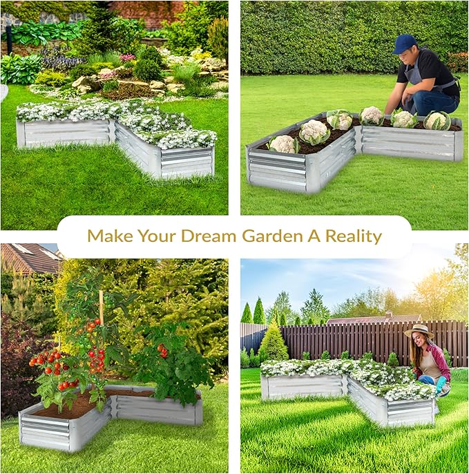 Sunnydaze Galvanized Raised Garden Bed Kit - 5x5x1 ft Outdoor Raised Garden Bed - Metal Planter Box for Vegetables, Flowers, Herbs - Silver - L-Shaped