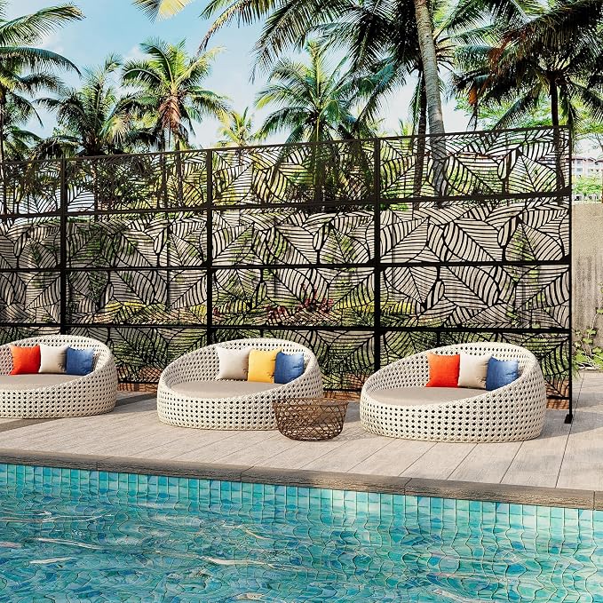 6FT Metal Privacy Screen Outdoor, Decorative Privacy Fence, Weather-Resistant Freestanding Panel with Stand, Durable Steel for Patio, Garden, Balcony, or Backyard, Leaf