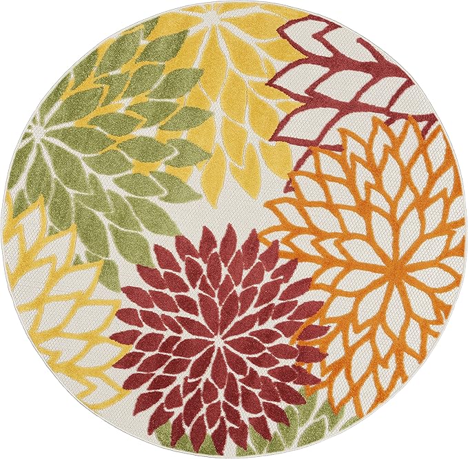 Nourison Home Aloha Indoor/Outdoor Red Multi Colored 4' x Round Area Rug, Tropical, Botanical, Easy Cleaning, Non Shedding, Bed Room, Living Room, Dining Room, Deck, Backyard, Patio (4 Round)