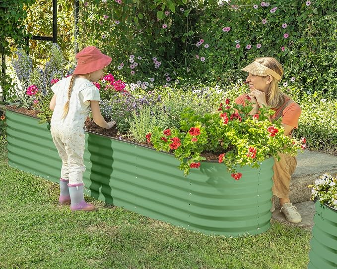 Galvanized Raised Garden Beds Outdoor // 8×2×1.5ft Modular & 3×3×1ft Planter Raised Beds for Gardening, Vegetables, Flowers // Large Metal Garden Box (Light Green) // Patent Pending Tool-Free Assembly