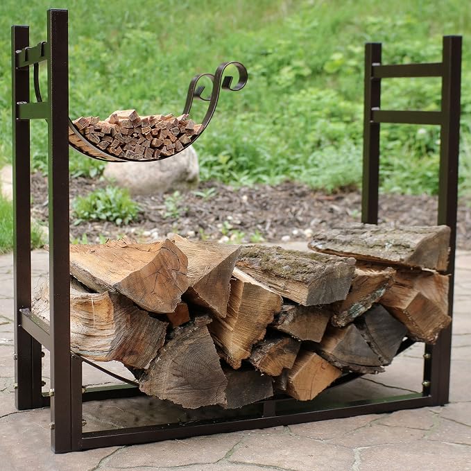 Sunnydaze 33 Inch Indoor Firewood Rack with Kindling Log Holder - Heavy-Duty 1/4 Cord Outdoor Wood Storage for the Fire Pit or Fireplace - Bronze