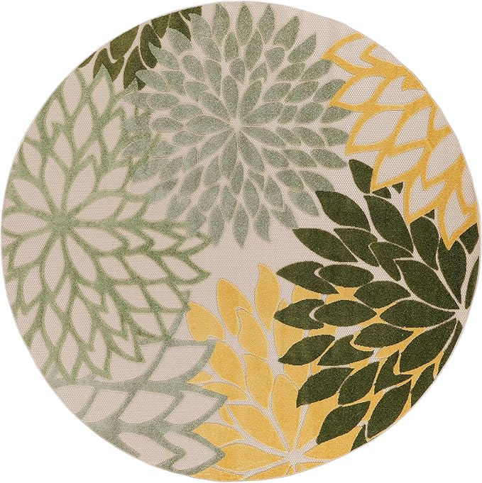 Nourison Home Aloha Indoor/Outdoor Green Multicolor 5'3" x Round Area Rug, Easy Cleaning, Non-Shedding, Bed Room, Living Room, Dining Room, Backyard, Patio, Deck (5 Round)