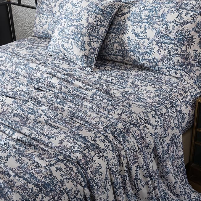 FADFAY Blue Toile Sheets Set Twin French Country Vintage Farmhouse Bedding Exotic Scenic Chinoiserie Floral Bedding 100% Egyptian Cotton Soft Breathable Sheet Set with Deep Pocket Fitted Sheet 4Pcs