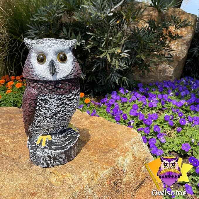 Owlsome Solar Red Owl with Flashing Eyes, Rotating Head, Hooting, Motion Detector and Silent Mode, Plastic Owl Garden Sculpture, Garden Decoration