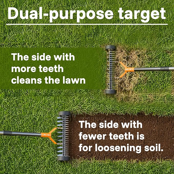 Thatch Rake for Lawn Dethatcher 15 Inch Heavy Duty Metal Rake with Wheels,Adjustable Long Handle Garden Rake for Loosening Soil Gathering Leaf