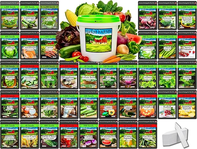 B&KM Farms 25,000+ Heirloom Vegetable Seed Vault - 40 Non-GMO Varieties for Home Gardening & Food Security - Long-Term Mylar Storage in Weather-Resistant Reusable Pail - Made in USA