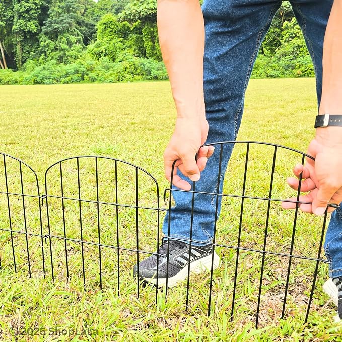 ShopLaLa Garden Fence (10 Panels) 12in(L) x 16.5in(H) Animal Barrier Fencing for Dogs, Rustproof Metal Wire Decorative Flower Bed Edging for Landscape Patio Outdoor Decor, Tall Large Yard Black Fences