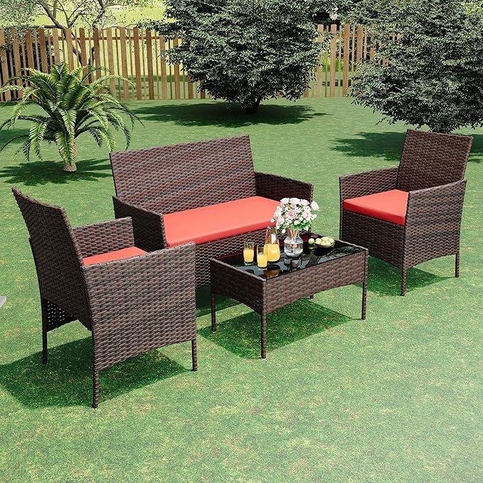Patio Furniture Set 4 Pieces, Outdoor Patio Furniture Set with Rattan Wicker Chairs, Glass Table and Cushions for Porch, Balcony, Backyard, Garden, Poolside, Brown & Red