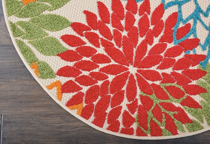 Nourison Home Aloha Indoor/Outdoor Green 4' x Round Area-Rug, Tropical, Botanical, Easy-Cleaning, Non Shedding, Bed Room, Living Room, Dining Room, Deck, Backyard, Patio (4 Round)