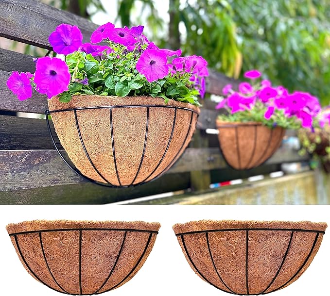 LaLaGreen 16 Inch Large Wall Planter, 2 Pack Rail Hanging Pot with Coco Liner, Black Metal Wall Mounted Flower Basket Box Outdoor Outside Fence Railing Plant Holder Deck Porch Patio Balcony Garden