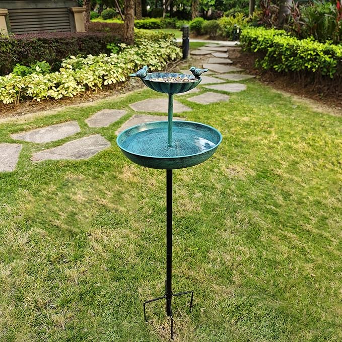 JOYBEE 38In Metal Double Bird Bathtub Stake for Outside, Vintage Freestanding Birdbaths, Bird Baths Feeder Bowl for Outdoors Garden Patio Yard Lawn Decor, Upgraded 5-Pronged Base (Blue)