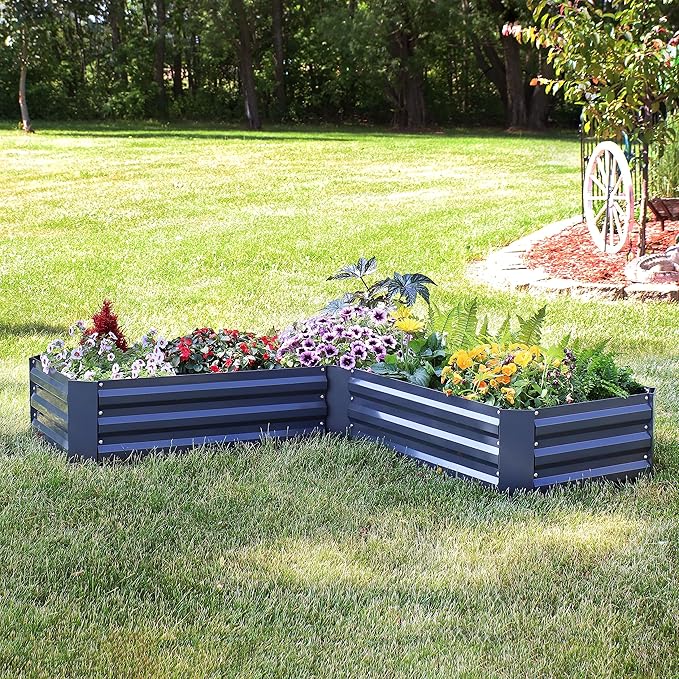Sunnydaze Galvanized Raised Garden Bed Kit - 5x5x1 ft Outdoor Raised Garden Bed - Metal Planter Box for Vegetables, Flowers, Herbs - Dark Gray - L-Shaped