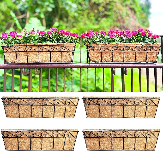LaLaGreen Wall Mounted Planters - 24 Inch, 4 Pack Window Flower Boxes Basket Outdoor, Balcony Planter Over the Rail, Deck Railing Hanging with Coco Liners, Metal Horse Troughs Fence Patio Porch