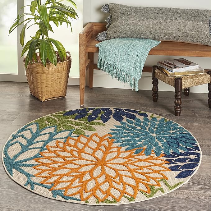 Nourison Home Aloha Indoor/Outdoor Multicolor 4' x Round Area Rug, Tropical, Botanical, Easy Cleaning, Non Shedding, Bed Room, Living Room, Dining Room, Deck, Backyard, Patio (4 Round)