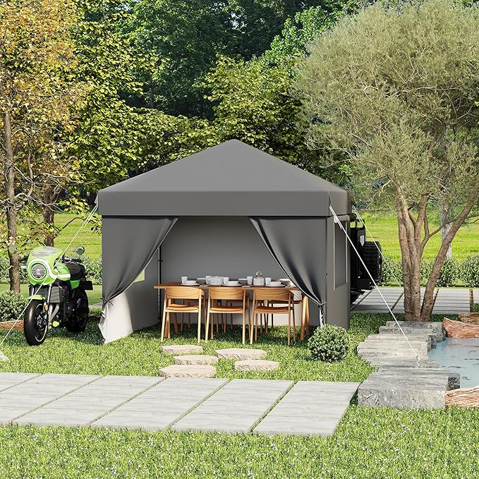 10x10FT Pop Up Canopy Tent Black 210D Oxford Waterproof with 4 Sidewalls Sun Shelter