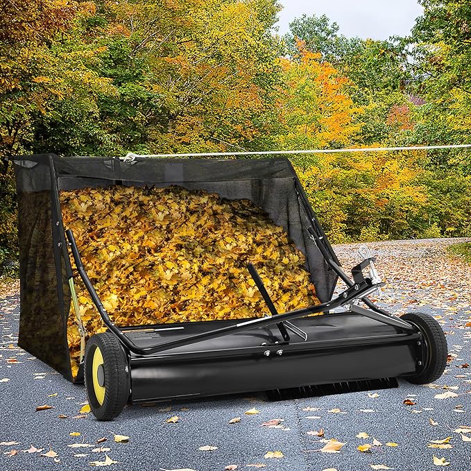 PeakPursuit 44" Leaf Collector Tow Behind Lawn Sweeper Pull Behind Grass Sweeper Large Hopper Black