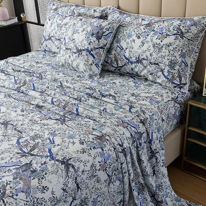 FADFAY Sheets Set Twin Botanical Bird Floral Bed Sheets Set Vintage Blue Farmhouse Bedding Shabby Branches Bedding Collections 100% Egyptian Cotton Breathable Soft 17.7" Deep Pocket 4Pcs, Twin Size