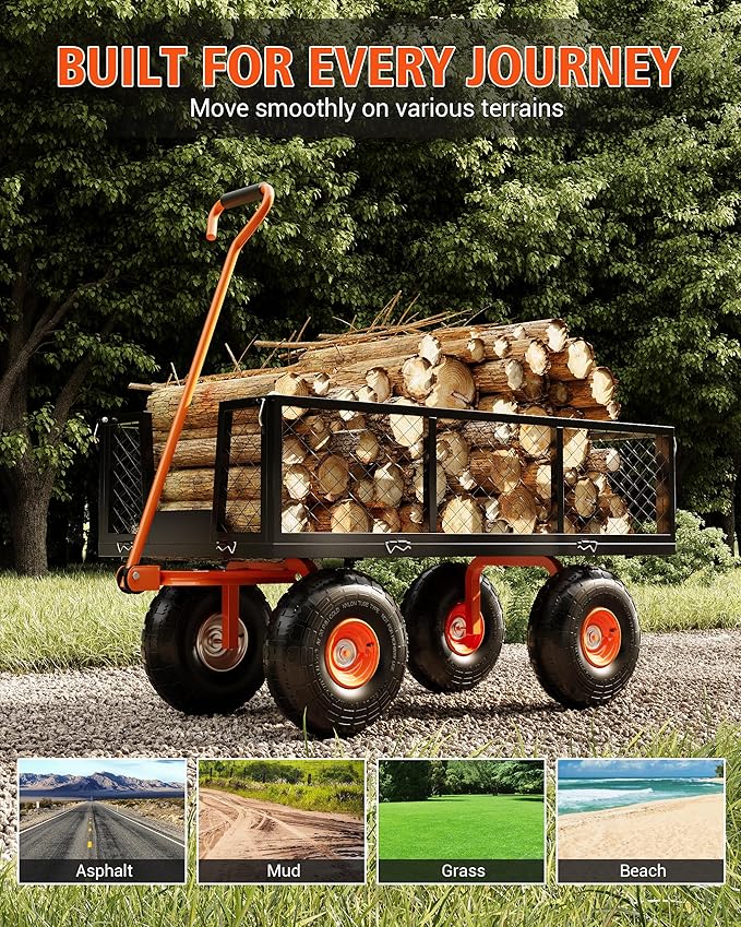 GarveeLife Heavy Duty Steel Garden Cart, 500 LBS Capacity 3 in 1 Pullable Garden Wagon with 10 in Wheels, for Gardening Soil, Tools, and Plant Transport