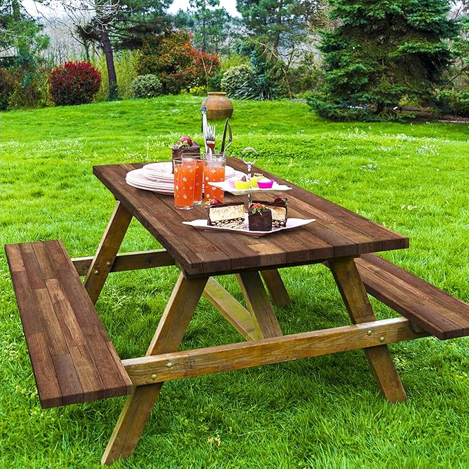 Picnic Table Cover with Bench Covers Camping Essentials Wooden Brown Outdoor Table Cloth with Elastic Rustic Waterproof Fitted Camping Tablecloth for RV Picnic Travel