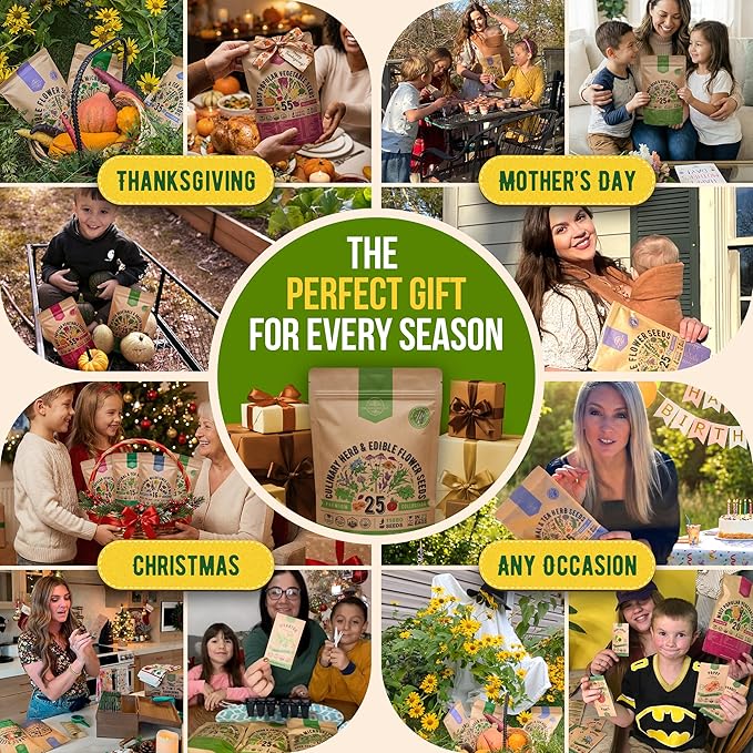 25 Culinary Herbs & Edible Flower Seed Variety Pack for Planting Indoor & Outdoors. 11900+ Non-GMO Heirloom Flower Seeds: Basil, Borage, Echinacea, Lavender, Oregano, Rosemary Seeds & More