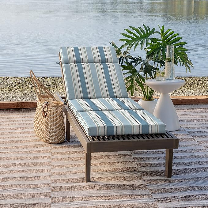 Arden Outdoor Chaise Cushion, 21 in x 72 in, Weather-Proof, Rain-Proof, Fade Resistant Patio Cushion for Chaise Lounger French Blue Linen Stripe