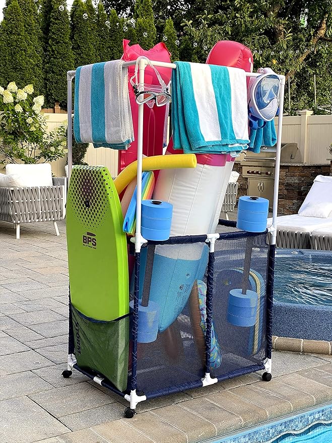Pool Equipment Holder with Towel Drying Bars, Mesh Rolling Multi Use Storage Organizer Bin, Large Towel Hanger (25" L x 34.5" W x 62.6" H), Blue