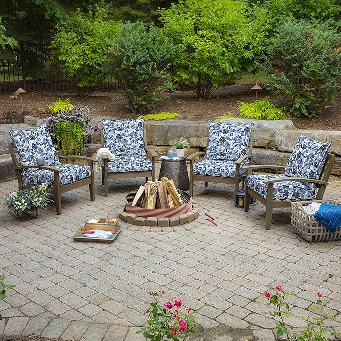 Arden Outdoor Deep Seat Cushion Set (2-Pack), 24 in x 24 in, Weather-Proof, Rain-Proof, Fade Resistant Patio Cushion for Chair, Sofa, and Couch Blue Garden Floral