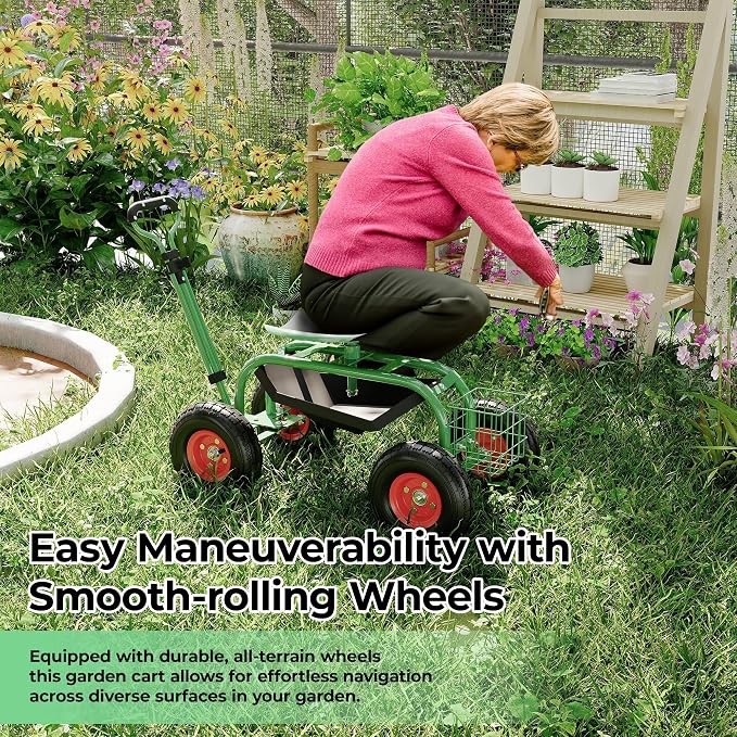 Garden Scooter Rolling Work Seat – 360° Swivel Garden Cart with Wheels, Tool Tray & Steering Handle – Heavy Duty Outdoor Stool for Planting, Weeding & Yard Work