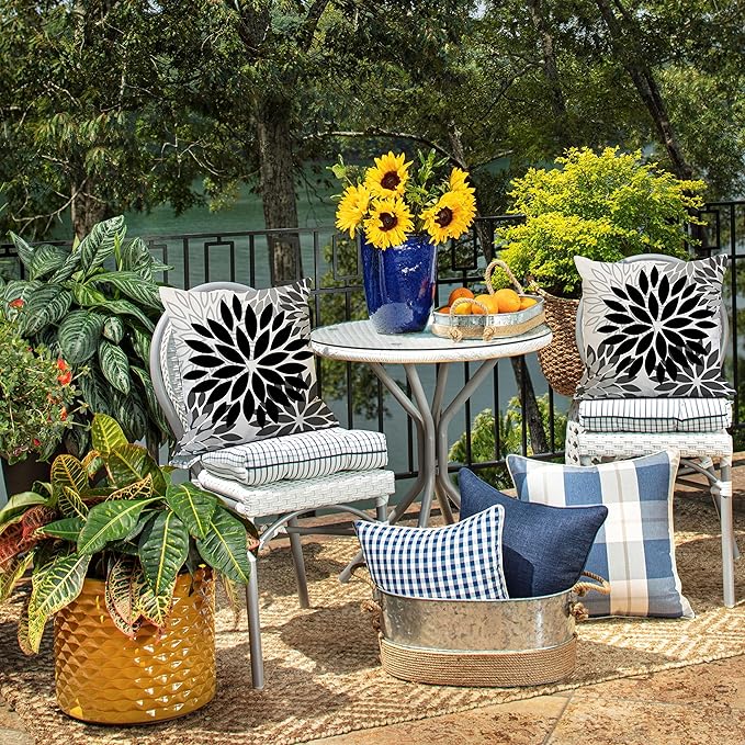 DFXSZ Black Grey Flower Pillow Covers 18x18 Inch Set of 2 White Gray Colored Throw Pillows Outdoor Waterproof Decor for Living Room Sofa Patio Funiture Garden Floral Polyester Pillow Covers 002I18