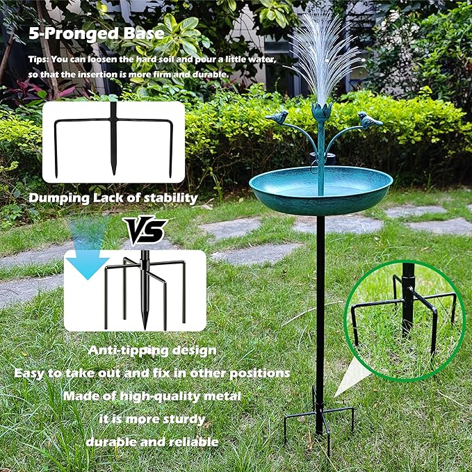JOYBEE 43In Metal Solar Bird Bathtub with Optical Fiber -Bird Baths Feeder Bowl for Outside, Vintage Freestanding Birdbaths, Bird Baths Outdoor Stake for Garden Patio Yard Lawn Decor (Blue