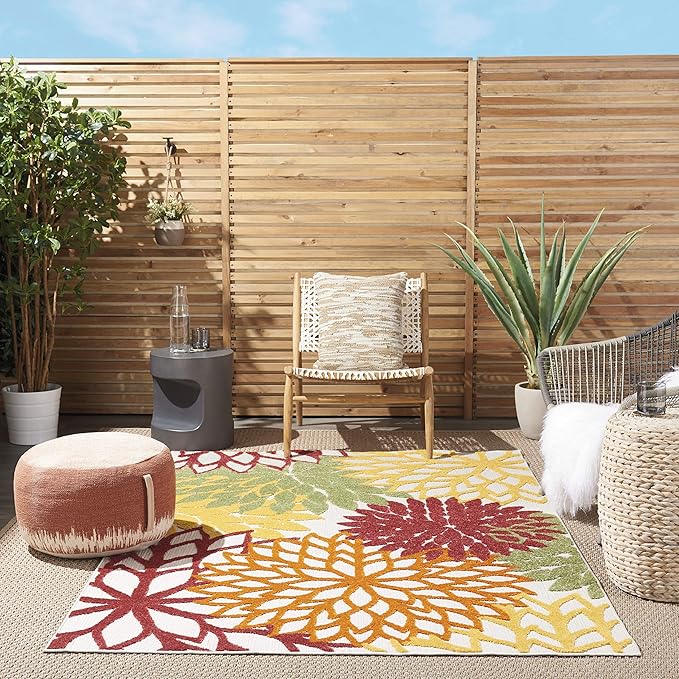 Nourison Home Aloha Indoor/Outdoor Red Multi Colored 3'6" x 5'6" Area Rug, Tropical, Botanical, Easy Cleaning, Non Shedding, Bed Room, Living Room, Dining Room, Deck, Backyard, Patio (3x5)