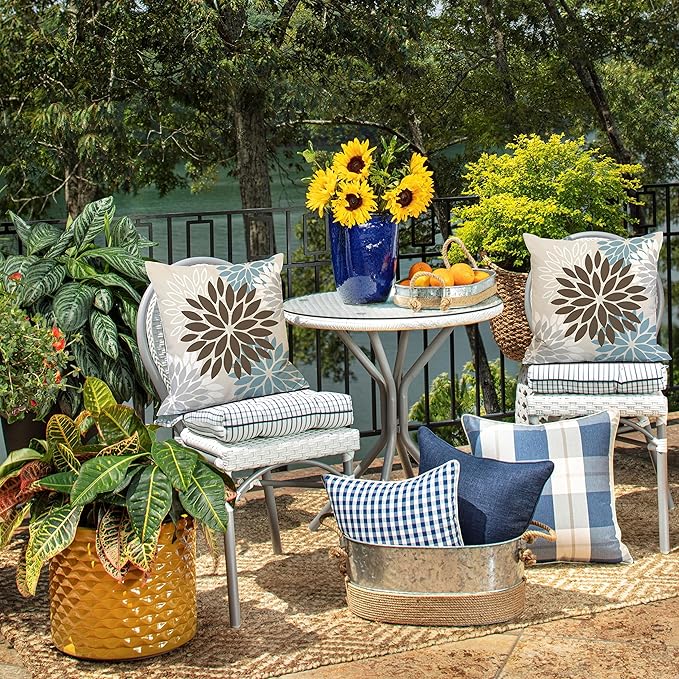 DFXSZ Brown Blue Flower Pillow Covers 16x16 Inch Set of 2 Summer Outdoor Waterproof Decor for Home Patio Funiture Garden Living Room Cushion Cover 002F16