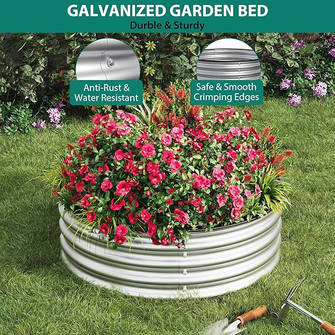 2 x 1FT Round Galvanized Raised Garden Bed – Metal Planter Box Kit with Rust & Corrosion Protection, Safe Rubber Edge, Open Bottom Design – Easy Assembly for Vegetables, Flowers, Fruits